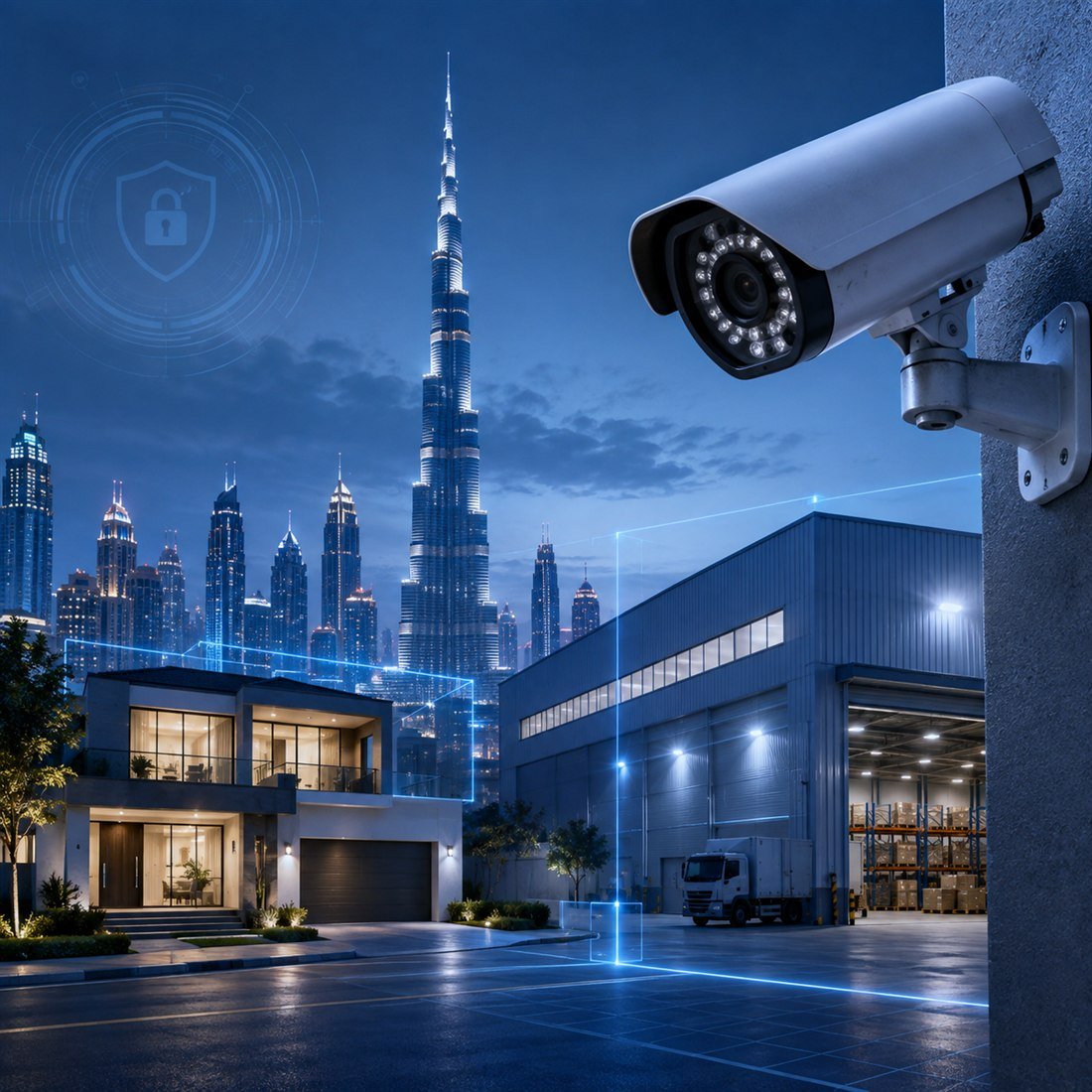 CCTV camera monitoring a villa and warehouse against the Dubai skyline at dusk